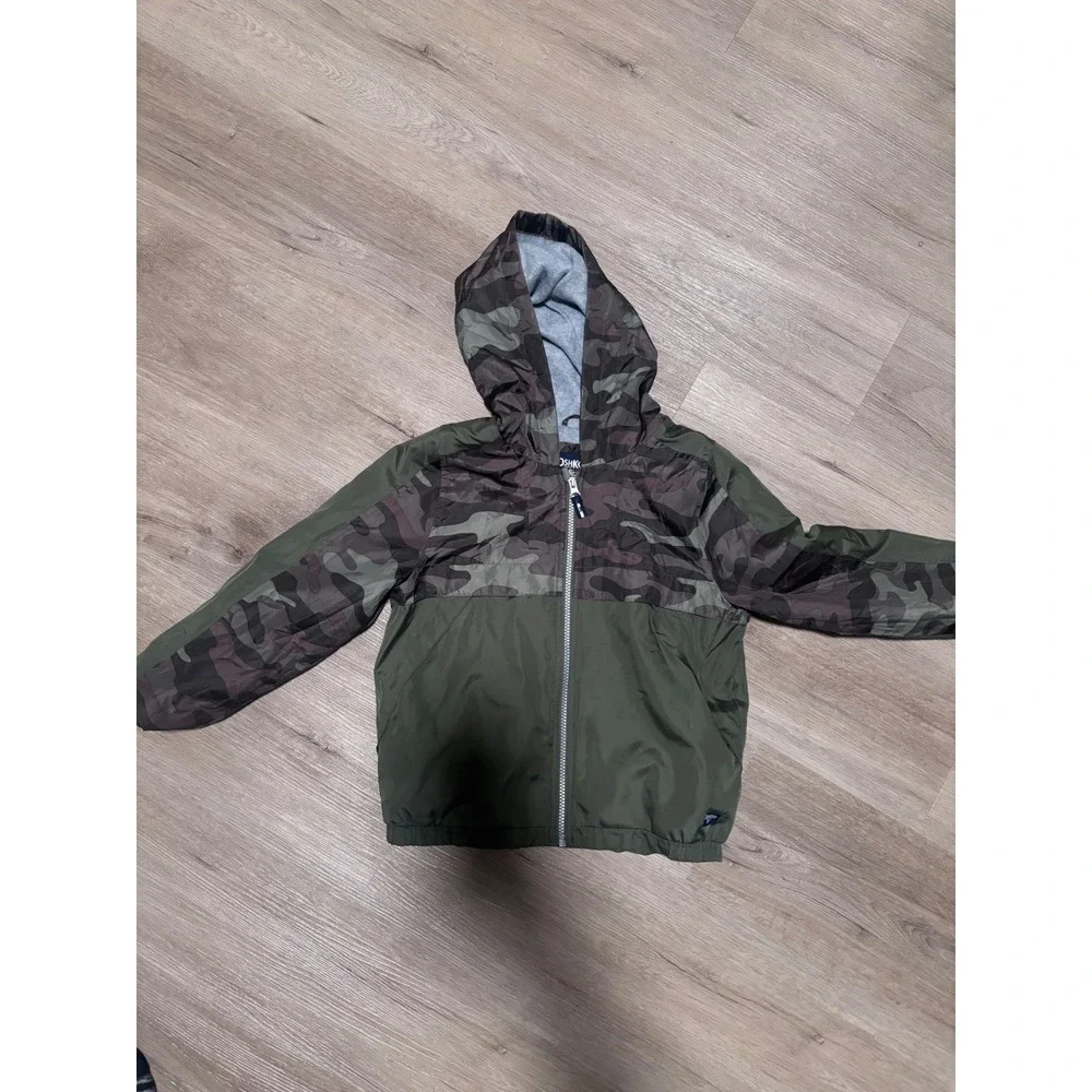 OshKosh B'gosh Boys Camo Colorblock Hooded Windbreaker Jacket Green Sz 7